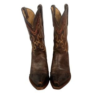 Tony Lama Brown Leather Western Heeled Boots with Tan & Gold Stitching